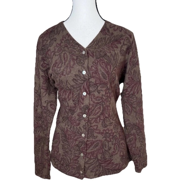 Carole Little Angora Lambswool Cardigan Sweater Brown Burgundy Paisley 1X NWOT - Picture 1 of 5